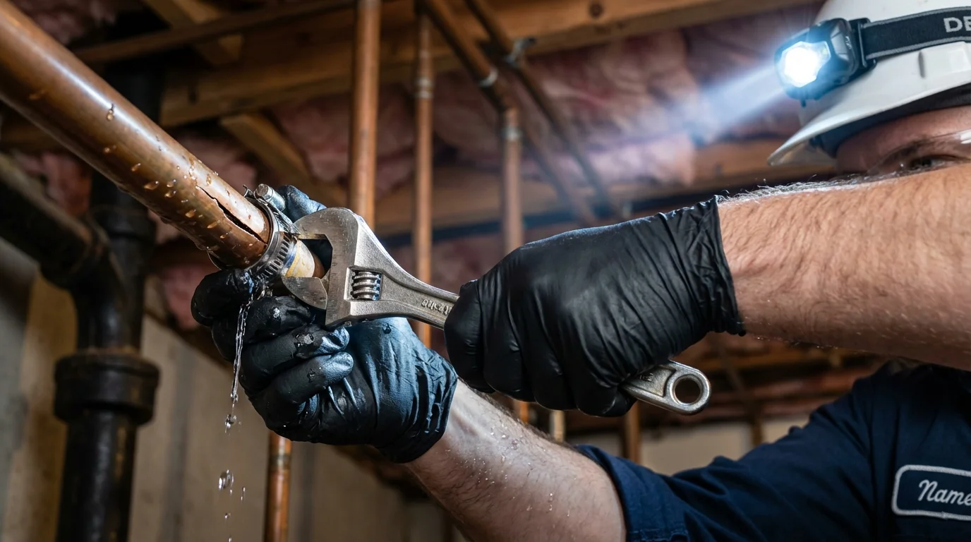Emergency pipe clamp repair being performed by a Johns Plumbing LLC plumber in Star