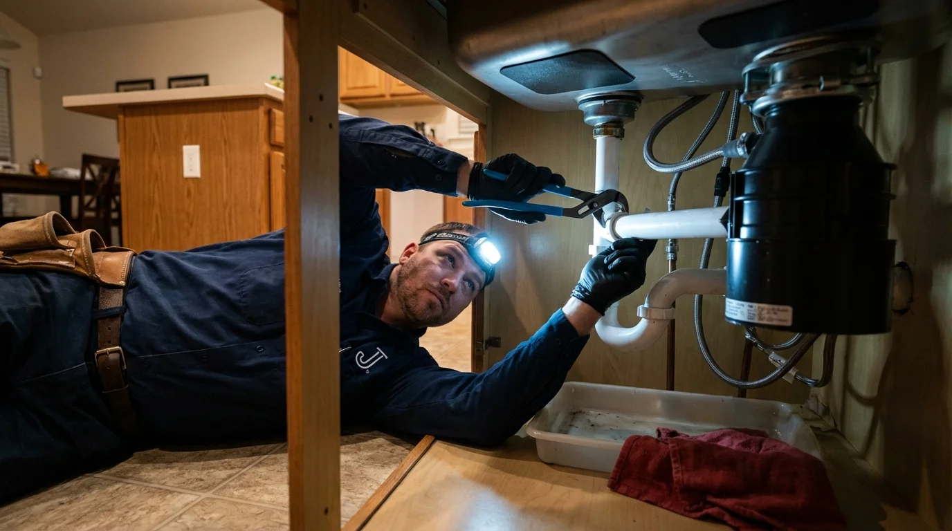 P-trap and supply line connections under a kitchen sink showing a common leak point in Star, ID